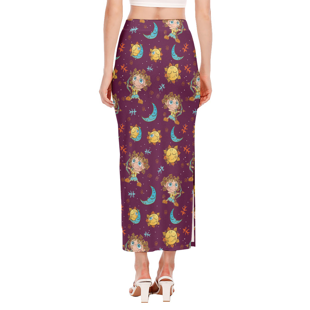 Cute Cartoon Sagittarius Pattern Print Side Slit Maxi Skirt