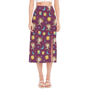 Cute Cartoon Sagittarius Pattern Print Side Slit Midi Skirt