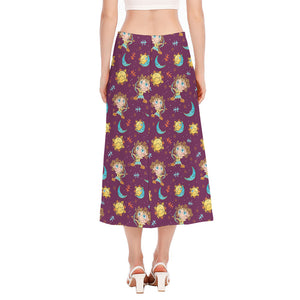 Cute Cartoon Sagittarius Pattern Print Side Slit Midi Skirt