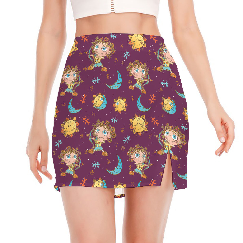 Cute Cartoon Sagittarius Pattern Print Side Slit Mini Skirt