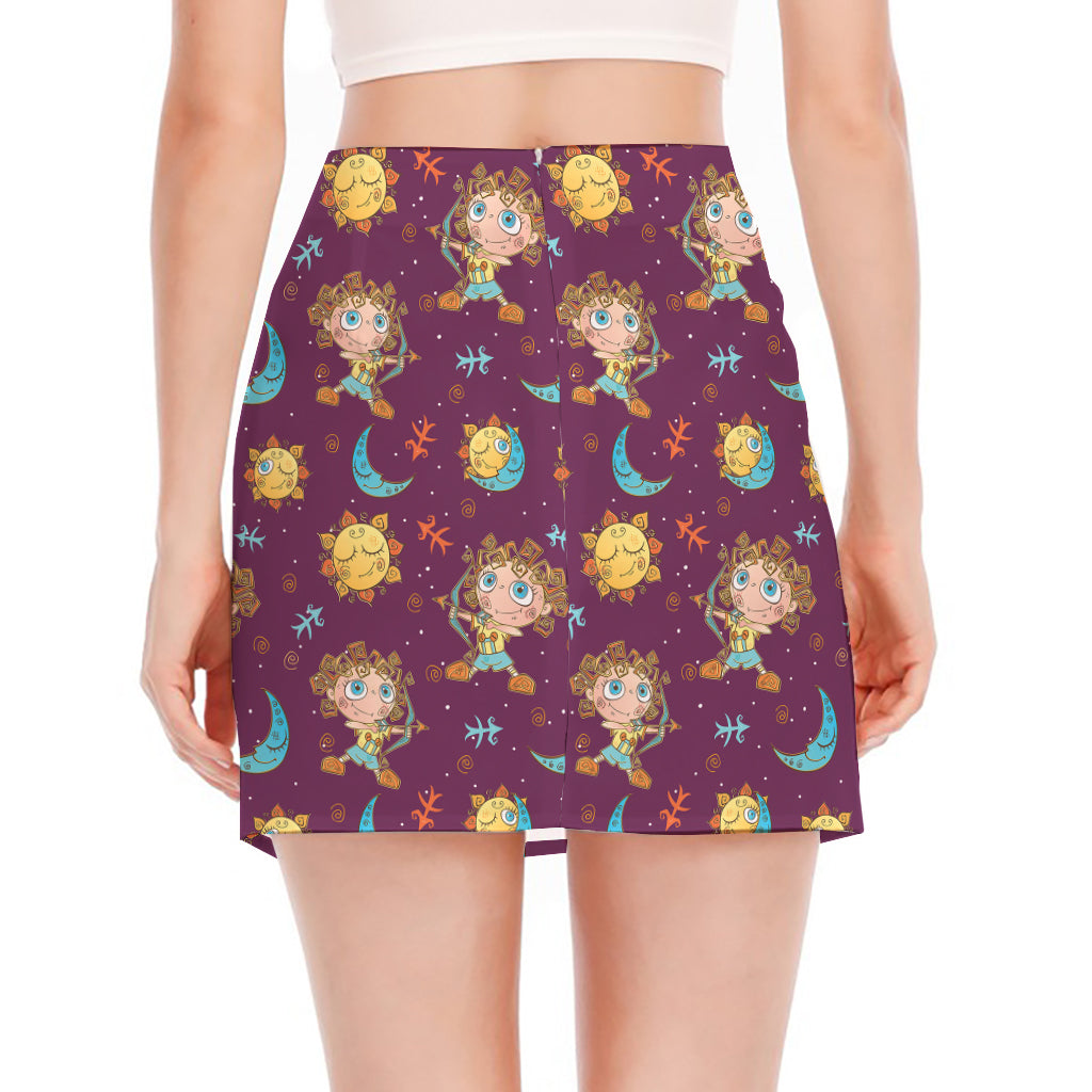 Cute Cartoon Sagittarius Pattern Print Side Slit Mini Skirt