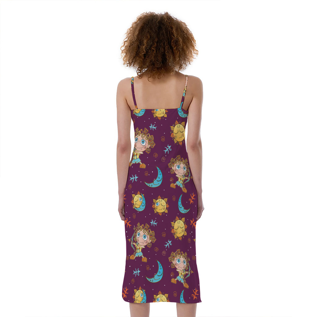 Cute Cartoon Sagittarius Pattern Print Slim Fit Midi Cami Dress