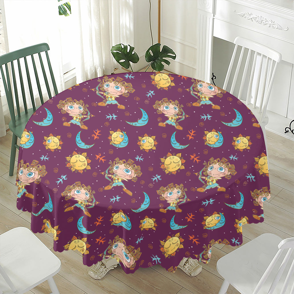 Cute Cartoon Sagittarius Pattern Print Waterproof Round Tablecloth