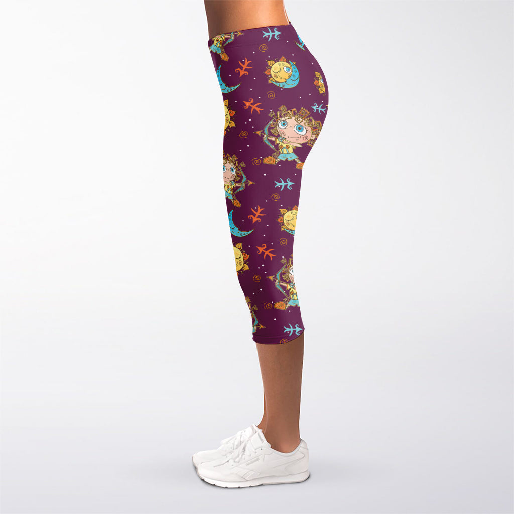Cute Cartoon Sagittarius Pattern Print Women's Capri Leggings