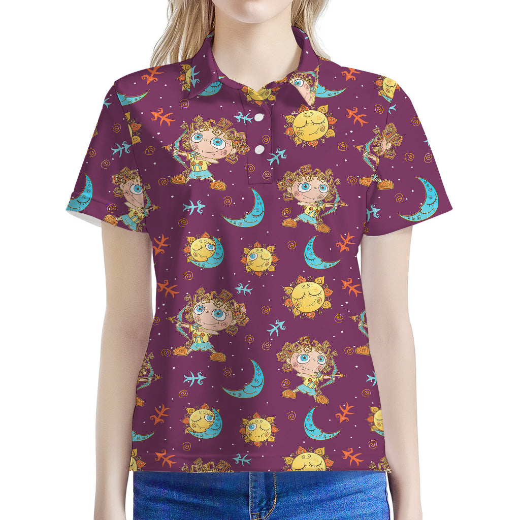 Cute Cartoon Sagittarius Pattern Print Women's Polo Shirt