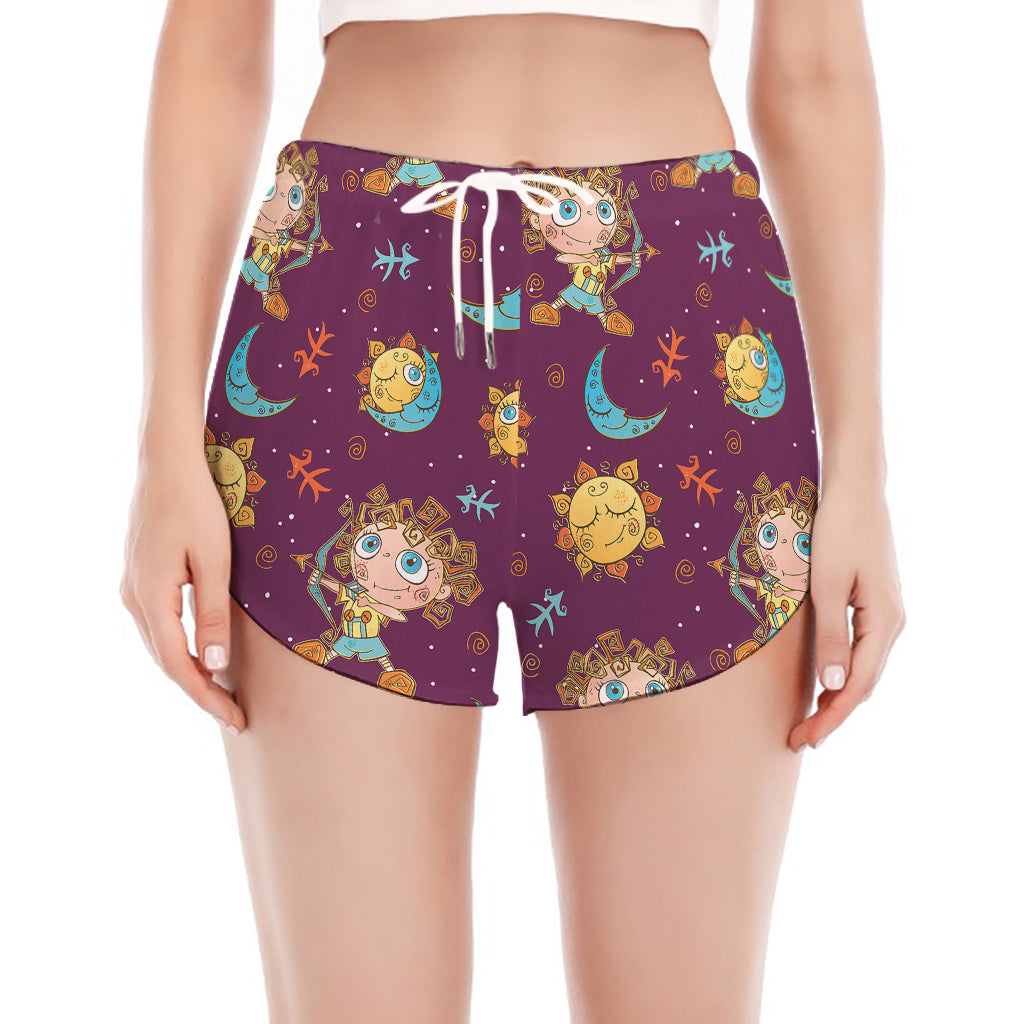 Cute Cartoon Sagittarius Pattern Print Women's Split Running Shorts