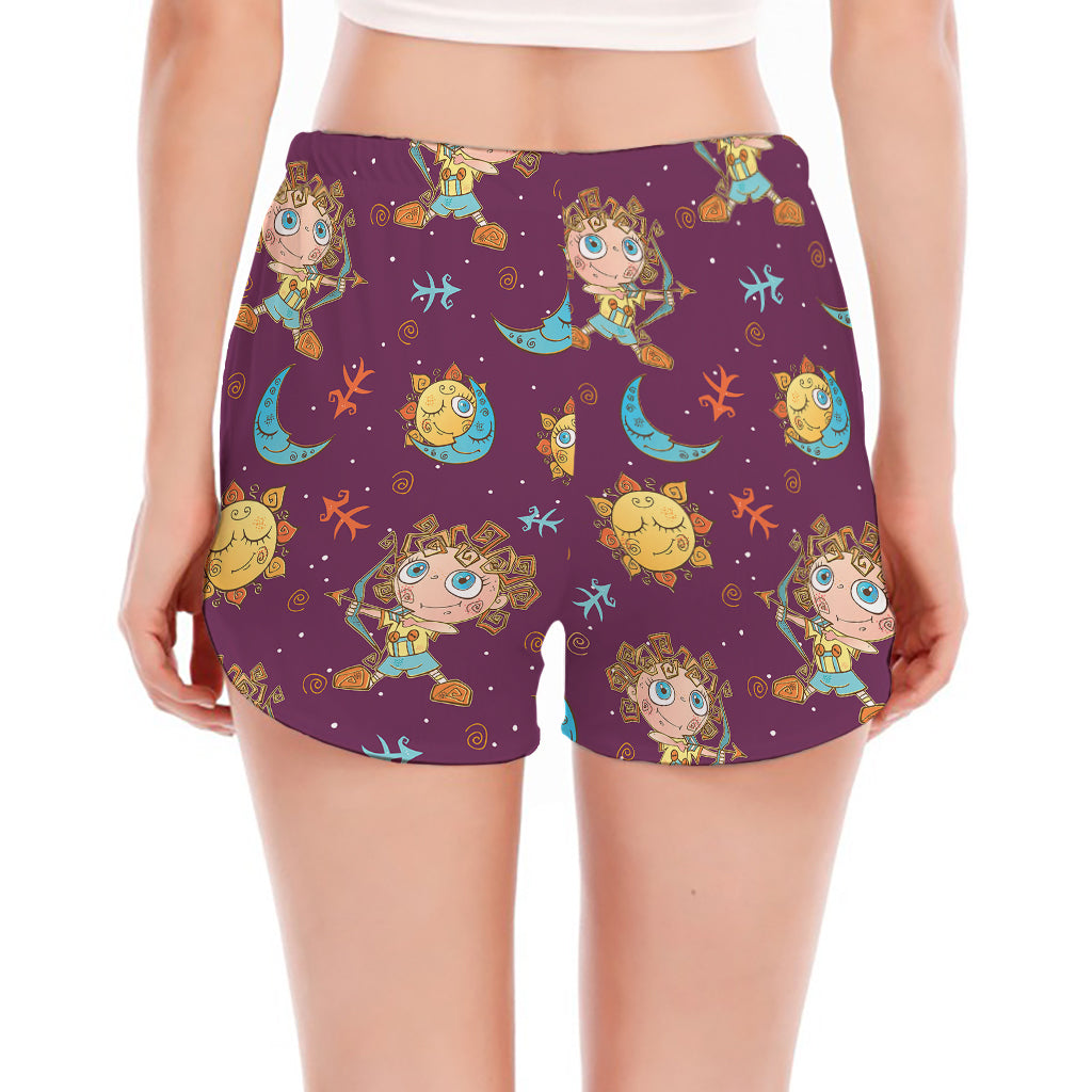 Cute Cartoon Sagittarius Pattern Print Women's Split Running Shorts