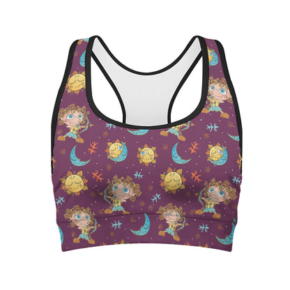 Cute Cartoon Sagittarius Pattern Print Women's Sports Bra