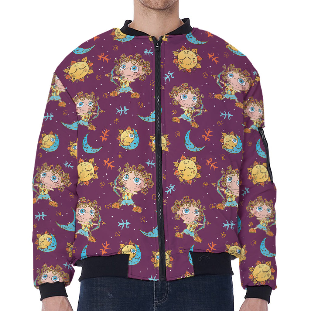 Cute Cartoon Sagittarius Pattern Print Zip Sleeve Bomber Jacket