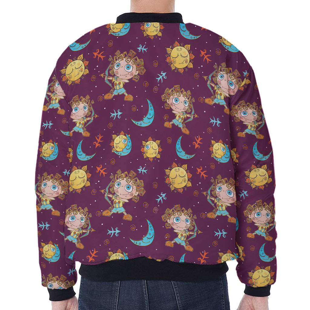 Cute Cartoon Sagittarius Pattern Print Zip Sleeve Bomber Jacket