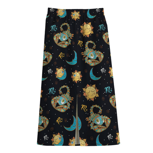Cute Cartoon Scorpio Pattern Print Cotton Front Slit Maxi Skirt