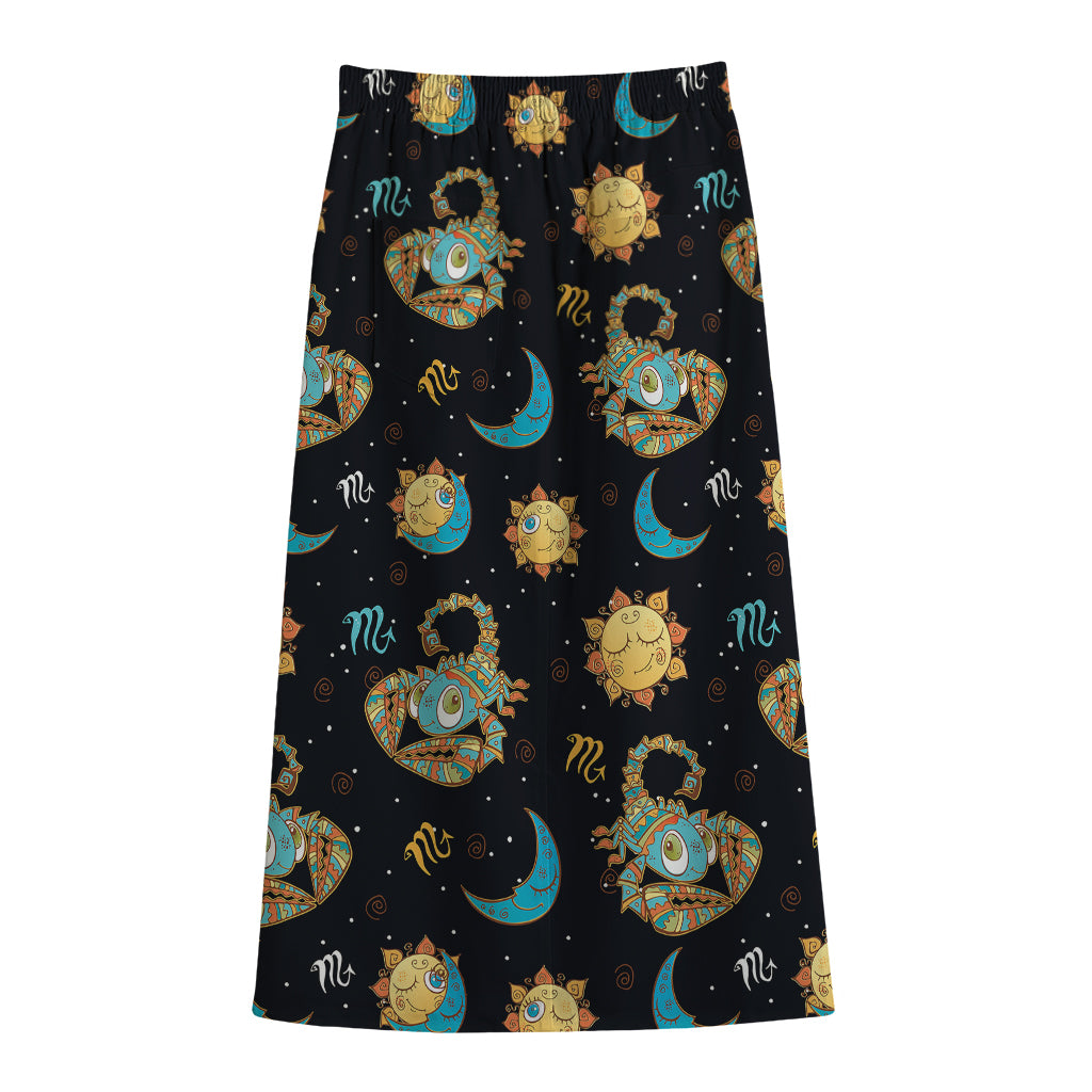 Cute Cartoon Scorpio Pattern Print Cotton Front Slit Maxi Skirt