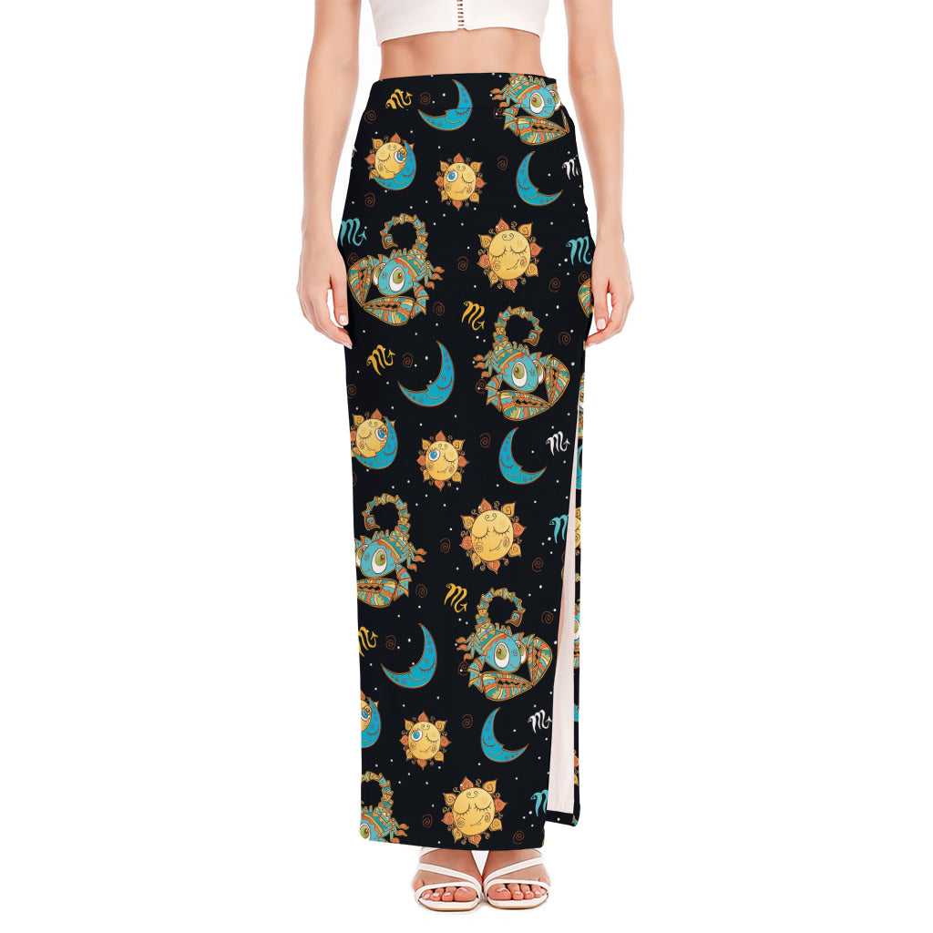 Cute Cartoon Scorpio Pattern Print High Slit Maxi Skirt