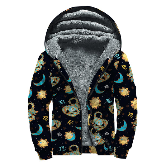 Cute Cartoon Scorpio Pattern Print Sherpa Lined Zip Up Hoodie