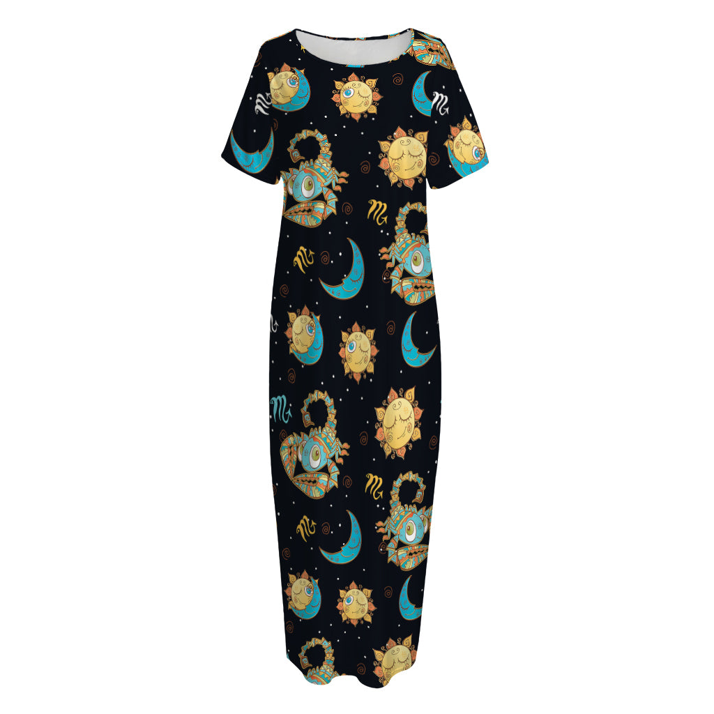 Cute Cartoon Scorpio Pattern Print Short Sleeve Long Nightdress