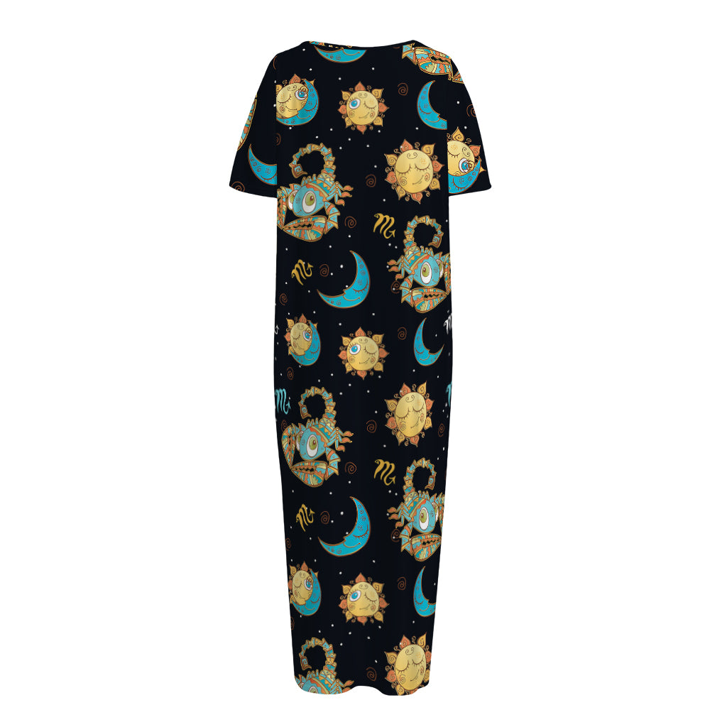 Cute Cartoon Scorpio Pattern Print Short Sleeve Long Nightdress