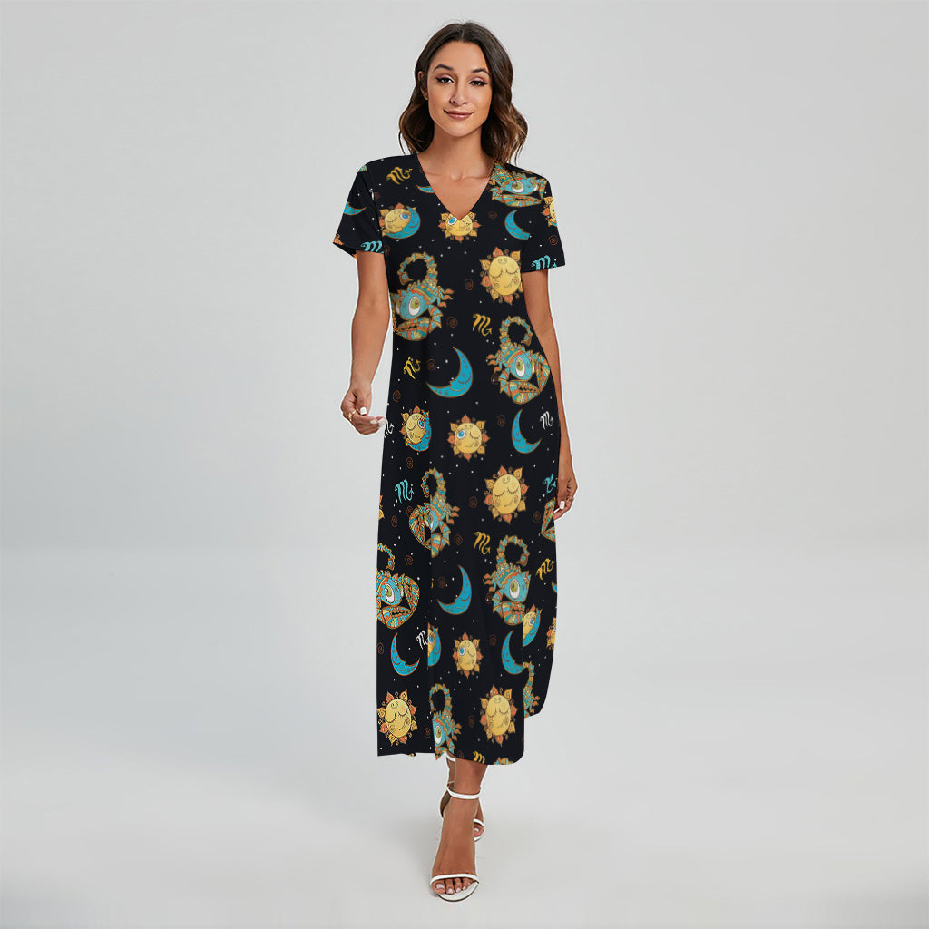 Cute Cartoon Scorpio Pattern Print Short Sleeve Maxi Dress
