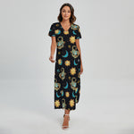 Cute Cartoon Scorpio Pattern Print Short Sleeve Maxi Dress