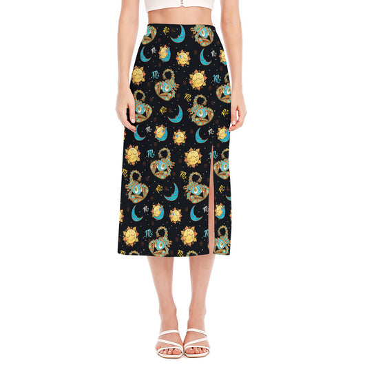Cute Cartoon Scorpio Pattern Print Side Slit Midi Skirt