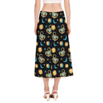 Cute Cartoon Scorpio Pattern Print Side Slit Midi Skirt