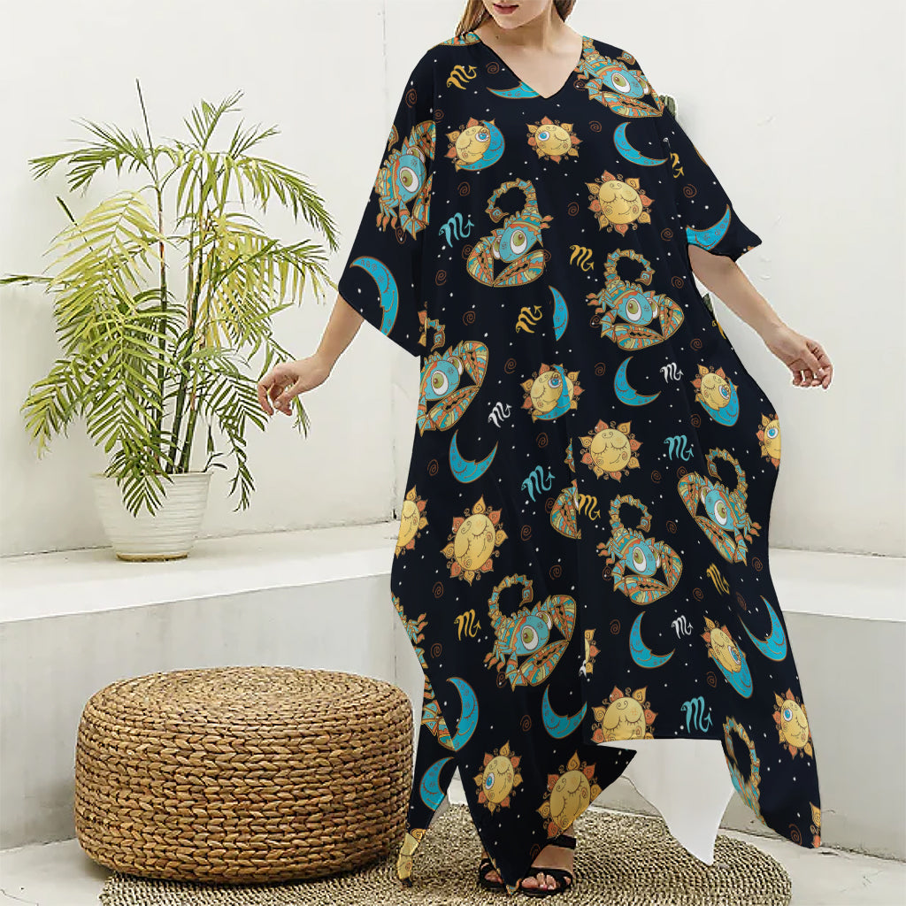 Cute Cartoon Scorpio Pattern Print Silk V-Neck Kaftan Dress