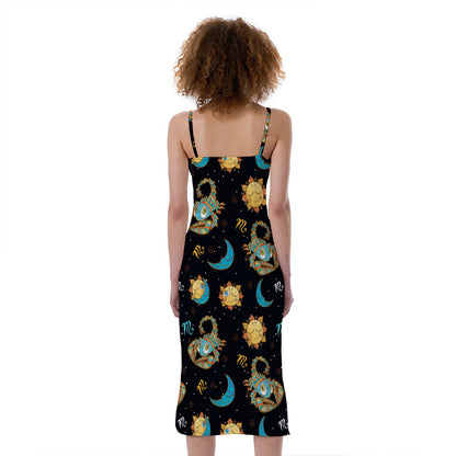 Cute Cartoon Scorpio Pattern Print Slim Fit Midi Cami Dress