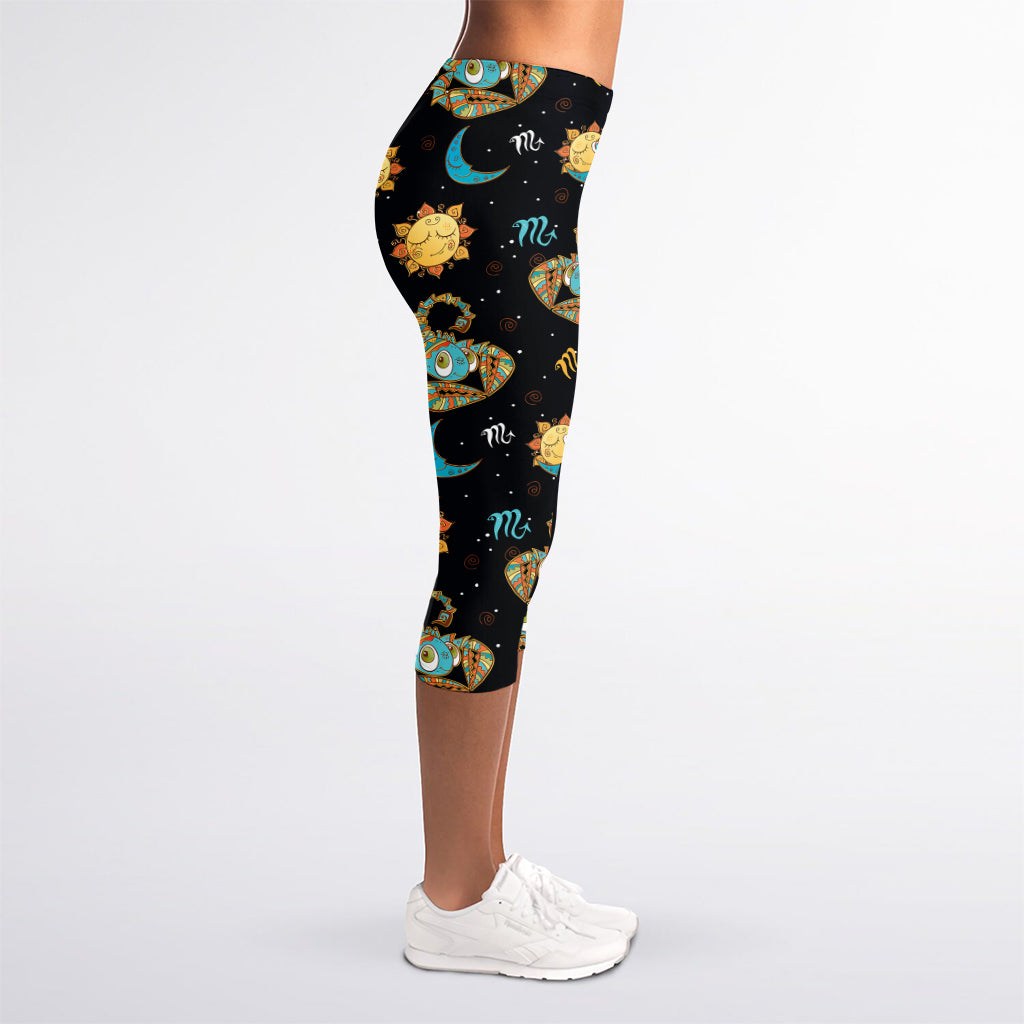 Cute Cartoon Scorpio Pattern Print Women's Capri Leggings