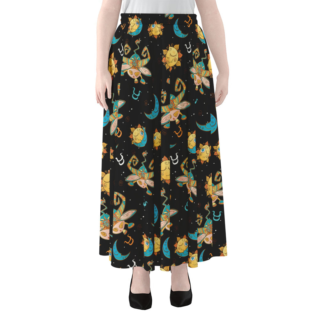 Cute Cartoon Taurus Pattern Print Chiffon Maxi Skirt