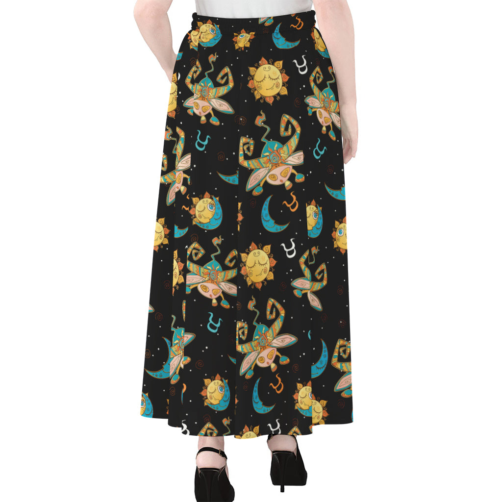 Cute Cartoon Taurus Pattern Print Chiffon Maxi Skirt