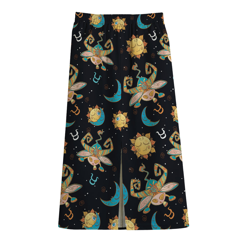 Cute Cartoon Taurus Pattern Print Cotton Front Slit Maxi Skirt