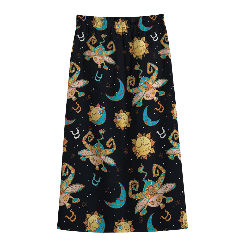 Cute Cartoon Taurus Pattern Print Cotton Front Slit Maxi Skirt