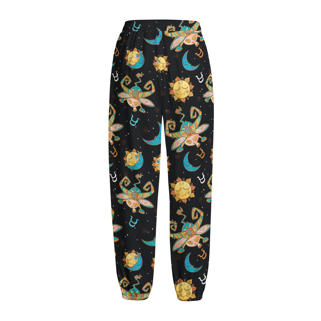 Cute Cartoon Taurus Pattern Print Fleece Lined Knit Pants