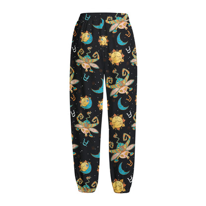 Cute Cartoon Taurus Pattern Print Fleece Lined Knit Pants