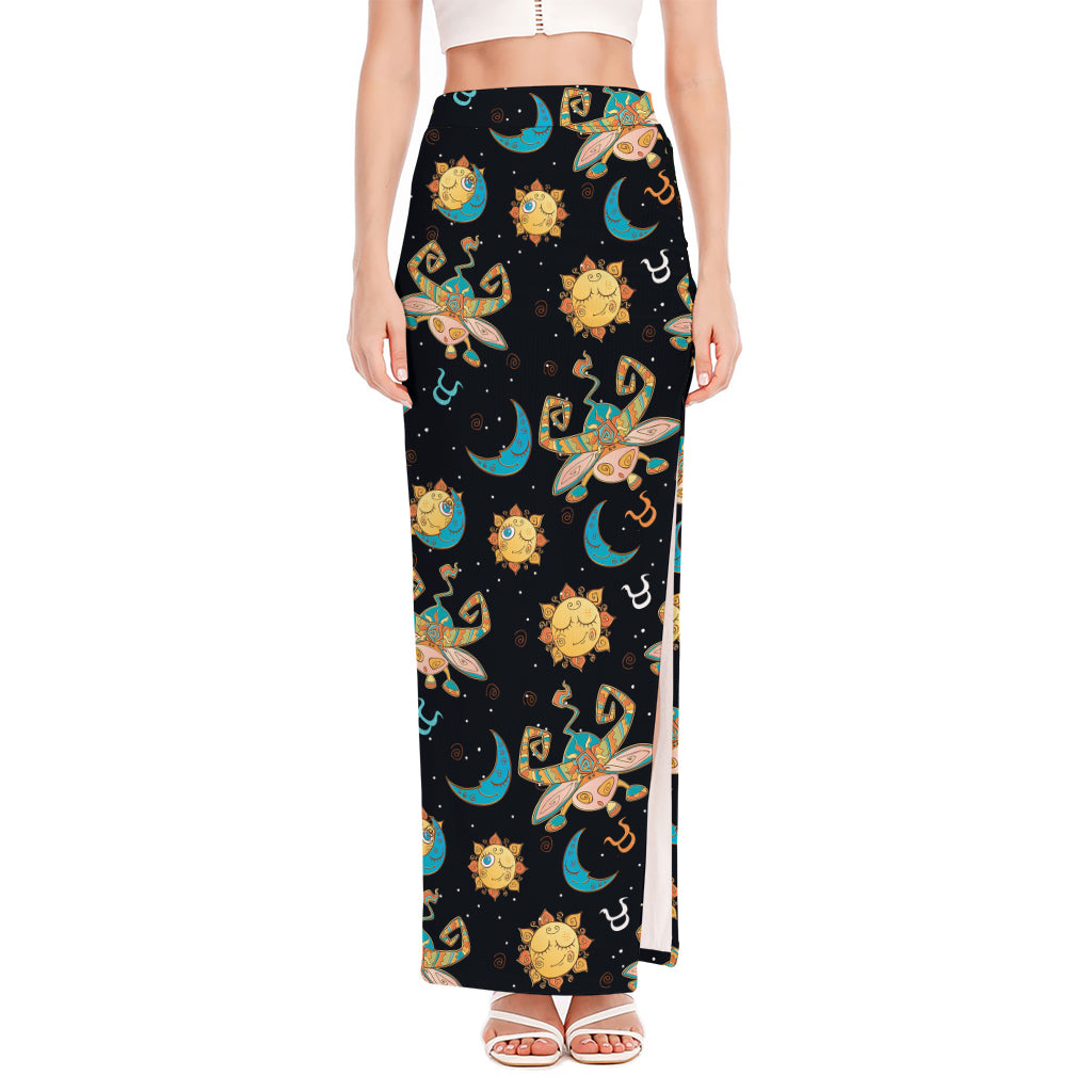 Cute Cartoon Taurus Pattern Print High Slit Maxi Skirt