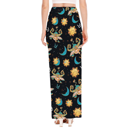 Cute Cartoon Taurus Pattern Print High Slit Maxi Skirt