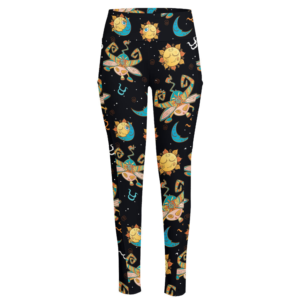 Cute Cartoon Taurus Pattern Print High-Waisted Pocket Leggings