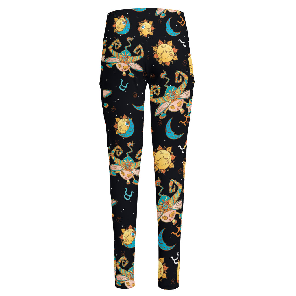 Cute Cartoon Taurus Pattern Print High-Waisted Pocket Leggings