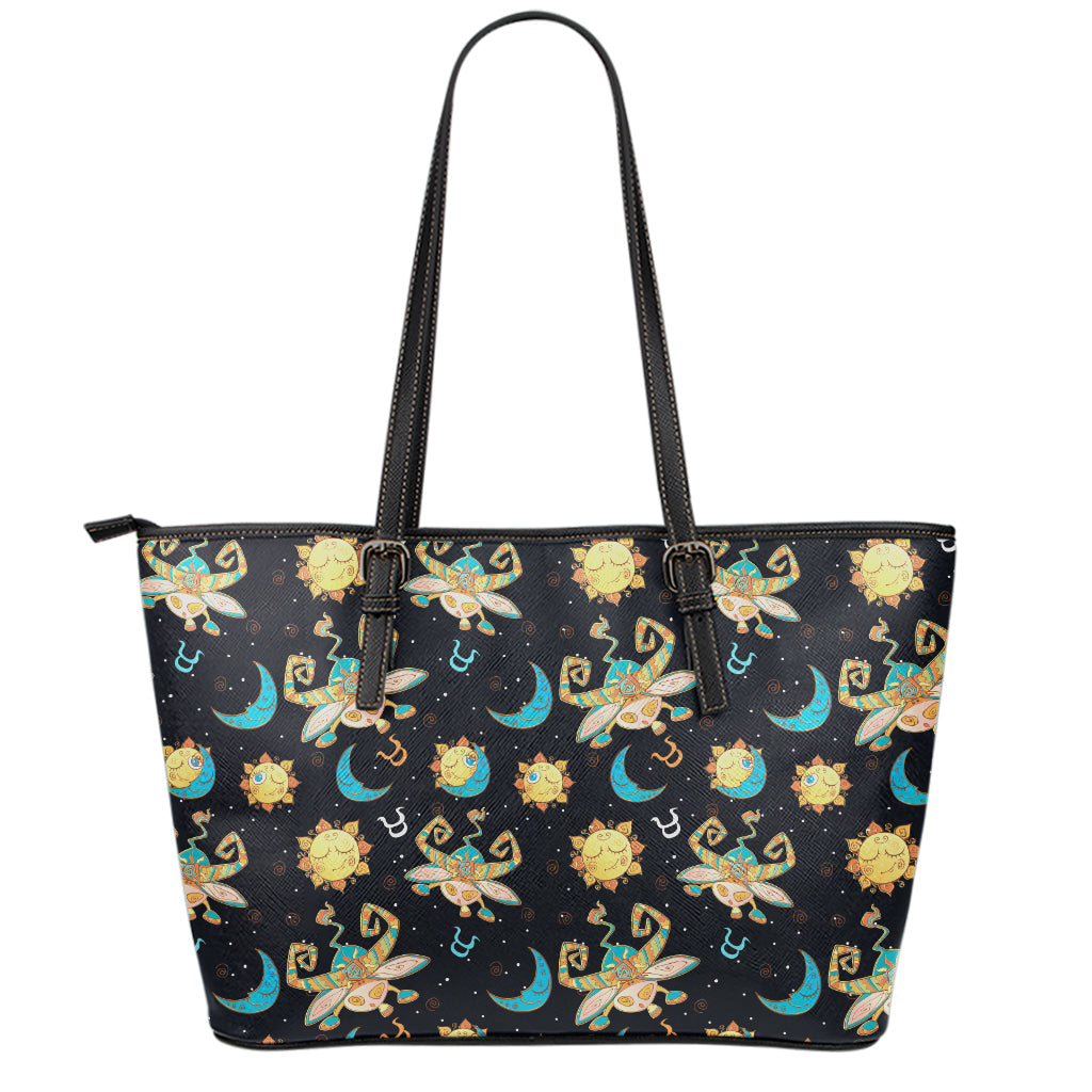 Cute Cartoon Taurus Pattern Print Leather Tote Bag