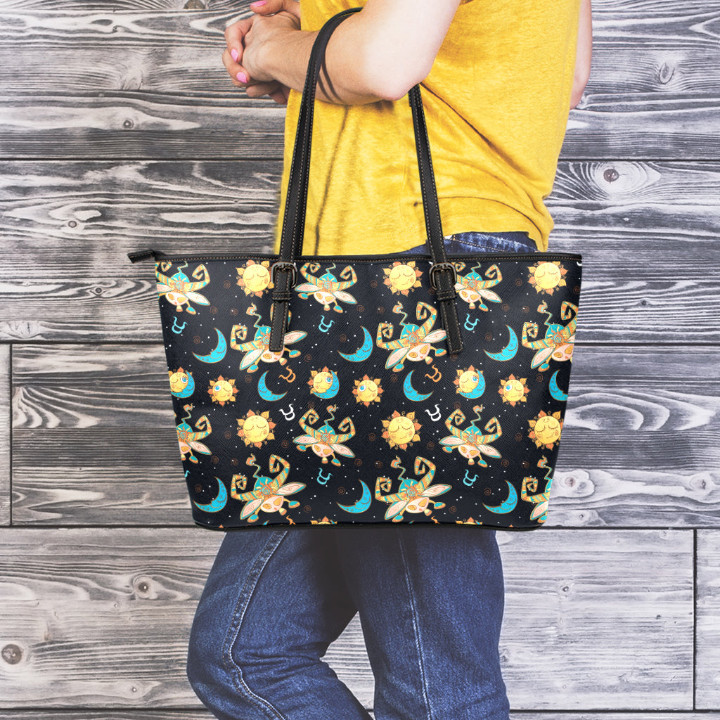 Cute Cartoon Taurus Pattern Print Leather Tote Bag