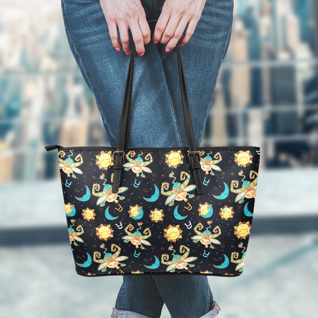 Cute Cartoon Taurus Pattern Print Leather Tote Bag