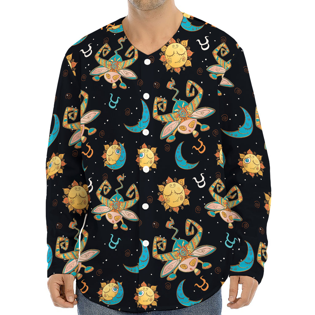 Cute Cartoon Taurus Pattern Print Long Sleeve Baseball Jersey