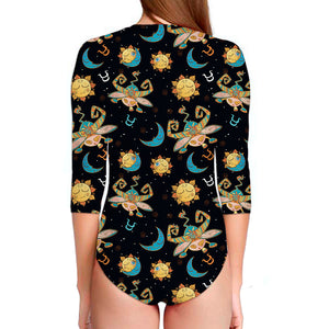 Cute Cartoon Taurus Pattern Print Long Sleeve Swimsuit