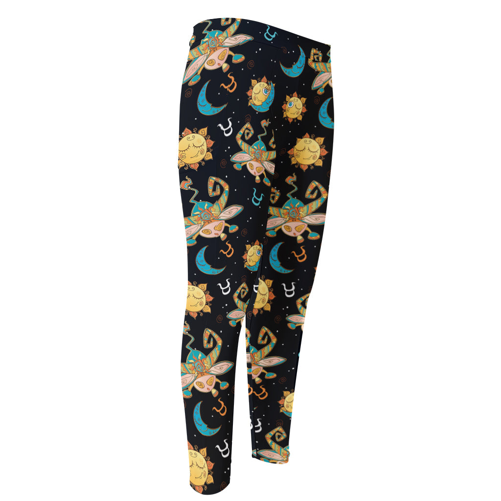 Cute Cartoon Taurus Pattern Print Men's Compression Pants