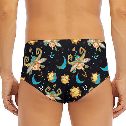 Cute Cartoon Taurus Pattern Print Men's Triangle Swim Briefs