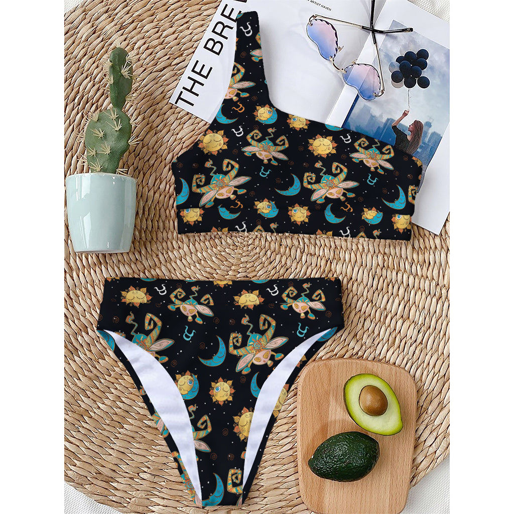 Cute Cartoon Taurus Pattern Print One Shoulder Bikini Top