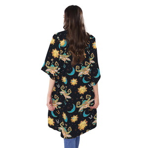 Cute Cartoon Taurus Pattern Print Open Front Beach Cover Up