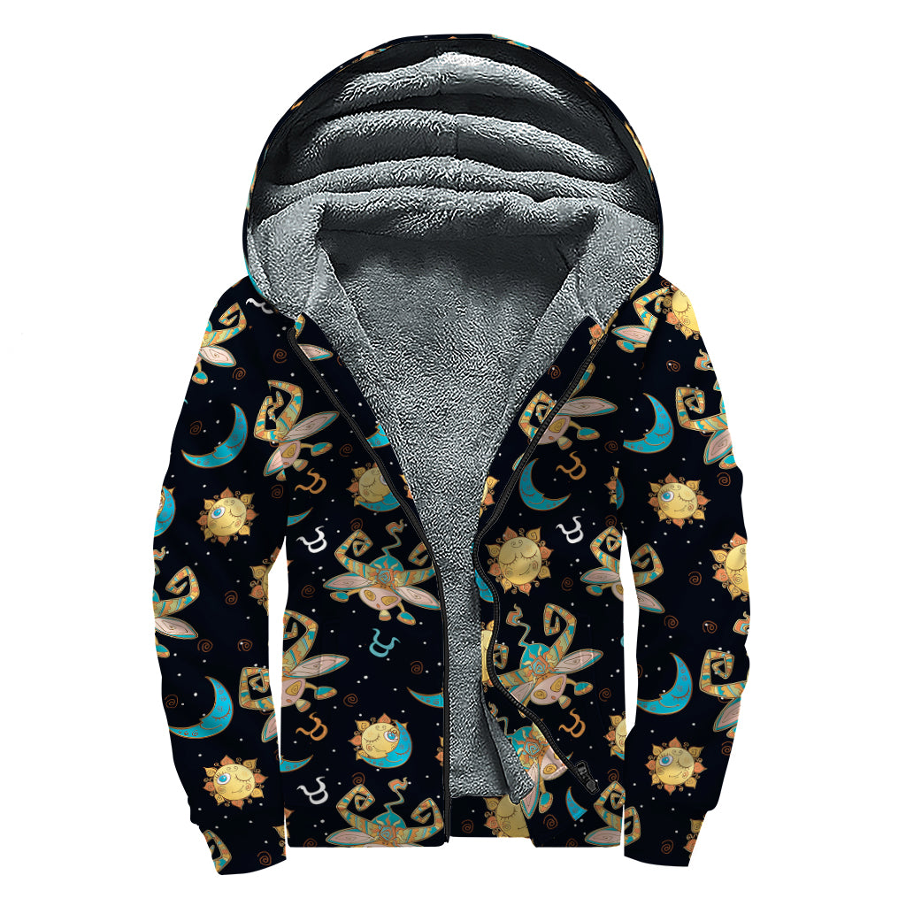 Cute Cartoon Taurus Pattern Print Sherpa Lined Zip Up Hoodie