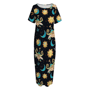 Cute Cartoon Taurus Pattern Print Short Sleeve Long Nightdress