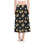 Cute Cartoon Taurus Pattern Print Side Slit Midi Skirt