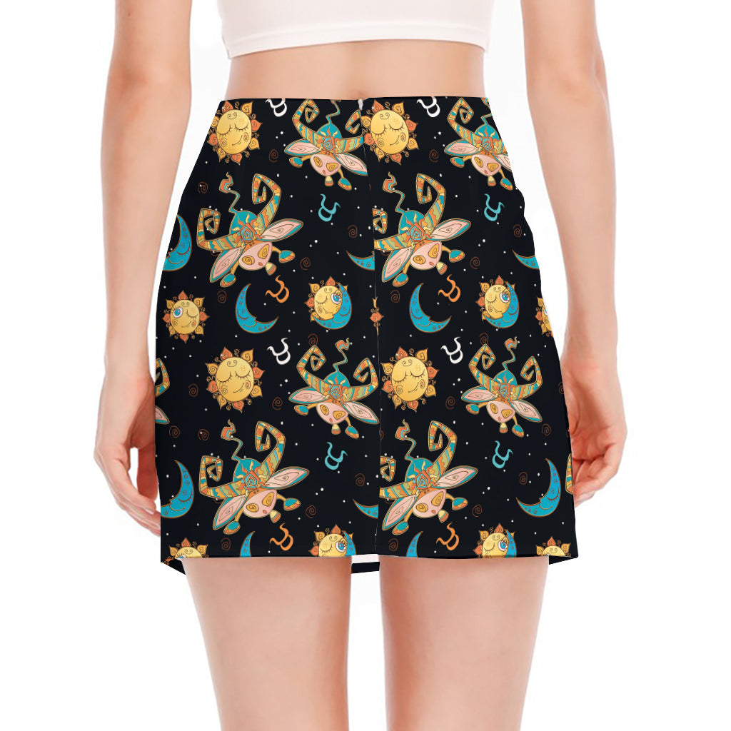 Cute Cartoon Taurus Pattern Print Side Slit Mini Skirt